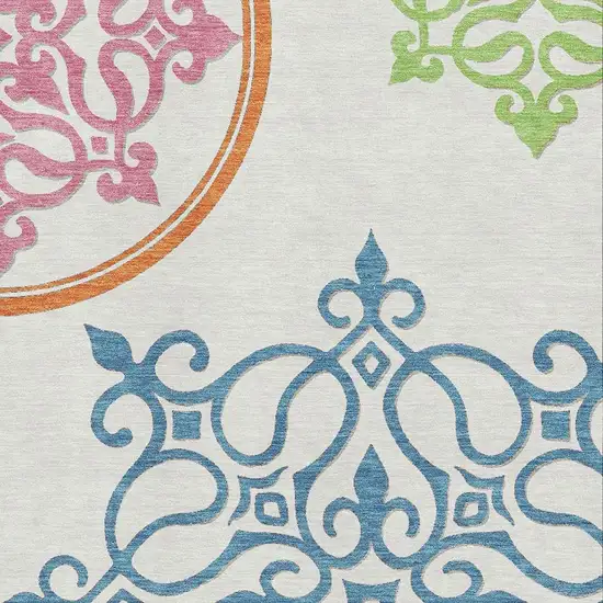 White Blue And Green Floral Medallion Washable Area Rug With UV Protection Photo 3