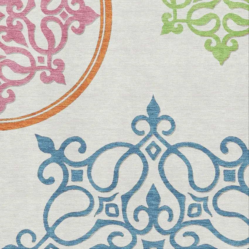 White Blue And Green Floral Medallion Washable Area Rug With UV Protection Photo 3