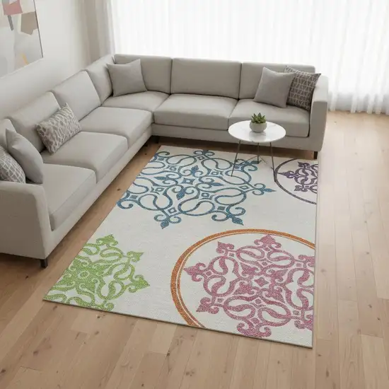 White Blue And Green Floral Medallion Washable Area Rug With UV Protection Photo 2