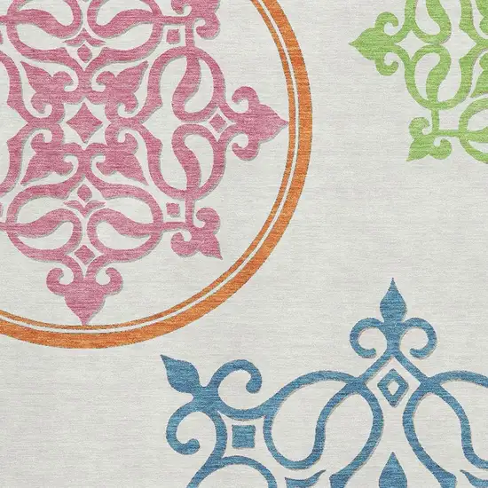 White Blue And Green Floral Medallion Washable Area Rug With UV Protection Photo 3