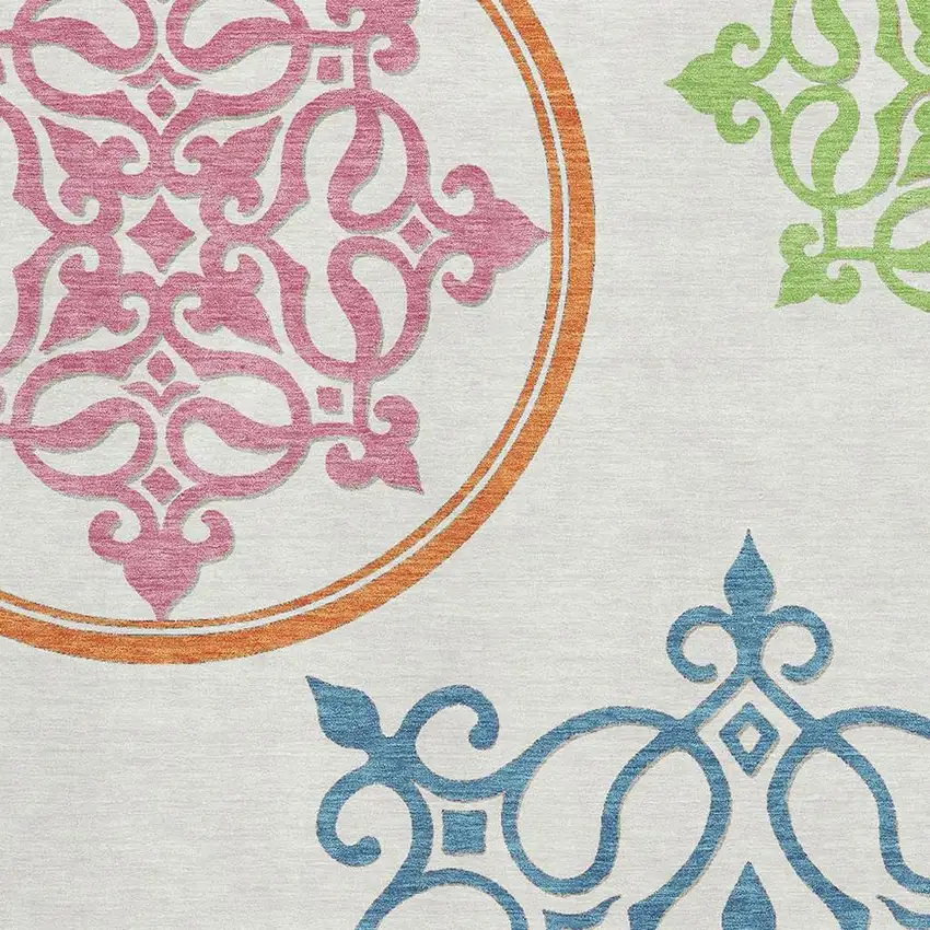 White Blue And Green Floral Medallion Washable Area Rug With UV Protection Photo 3