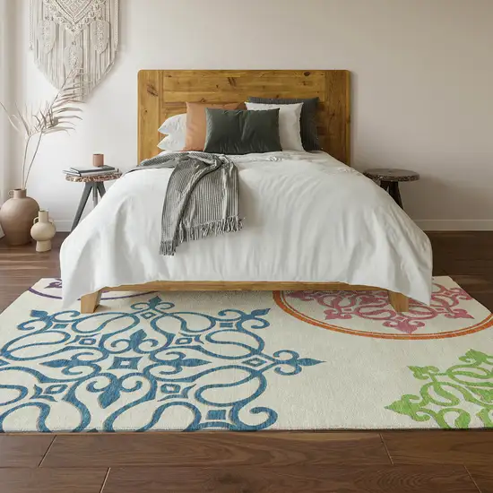 White Blue And Green Floral Medallion Washable Area Rug With UV Protection Photo 6