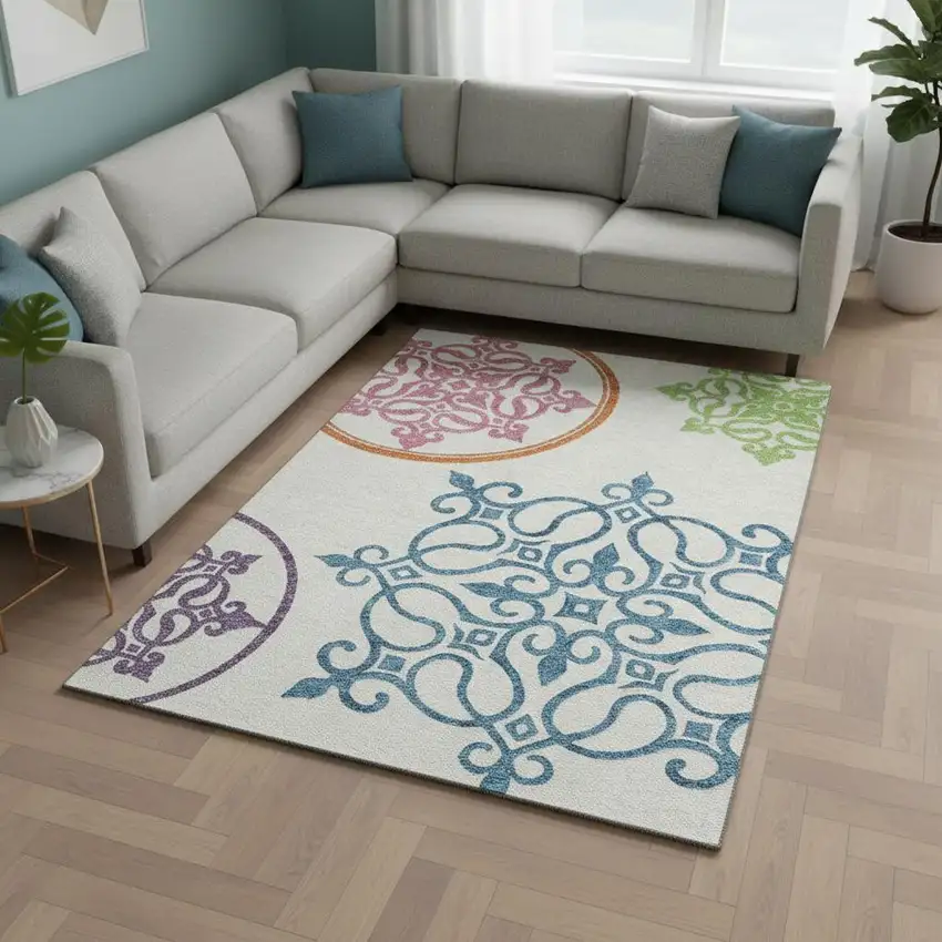 White Blue And Green Floral Medallion Washable Area Rug With UV Protection Photo 2