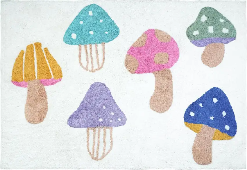 White Blue And Green Mushrooms Youthful Washable Area Rug Photo 2