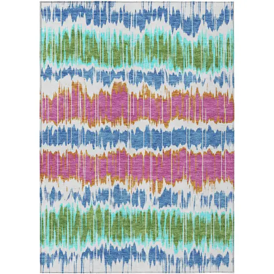 White Blue And Pink Striped Washable Indoor Outdoor Area Rug Photo 1