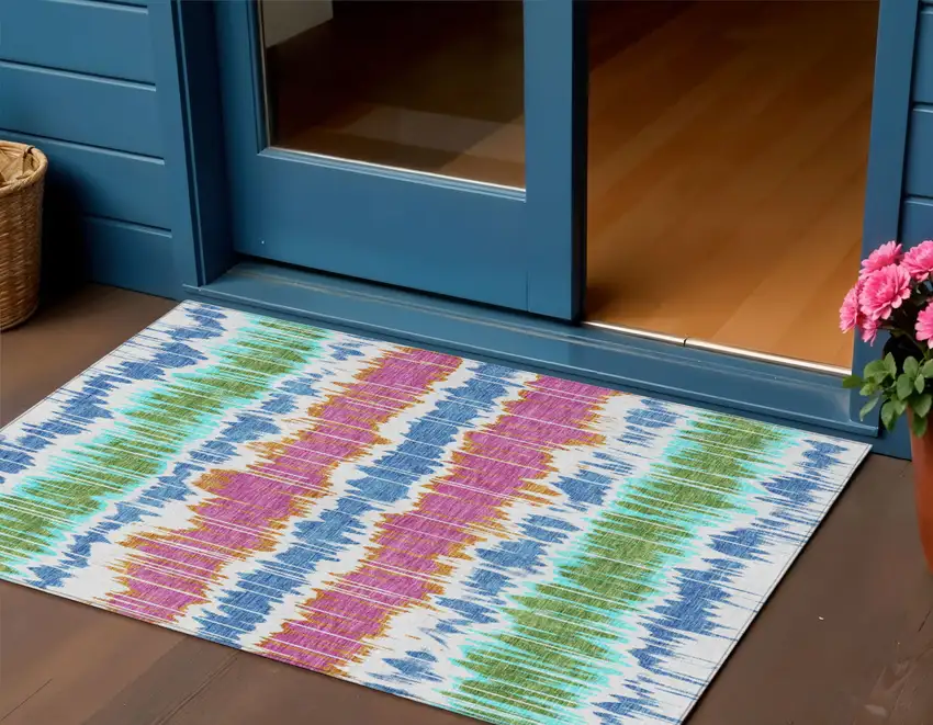 White Blue And Pink Striped Washable Indoor Outdoor Area Rug Photo 1