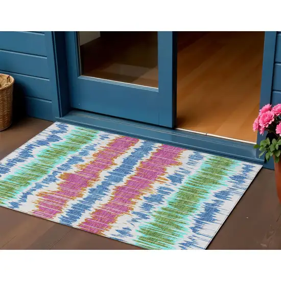 White Blue And Pink Striped Washable Indoor Outdoor Area Rug Photo 1