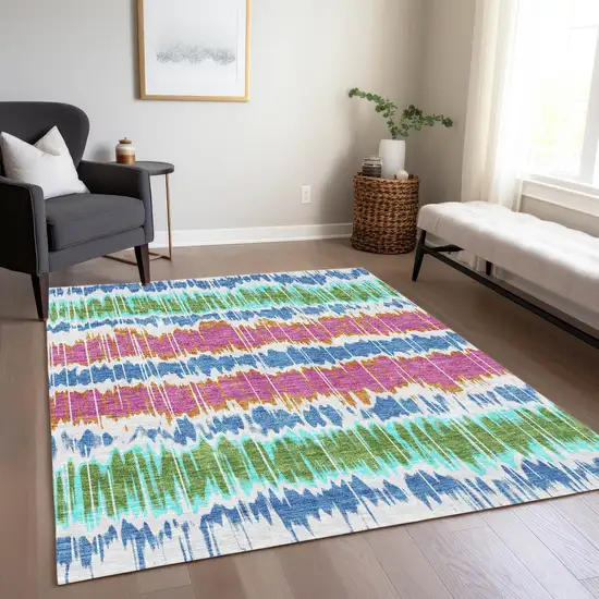 White Blue And Pink Striped Washable Indoor Outdoor Area Rug Photo 9