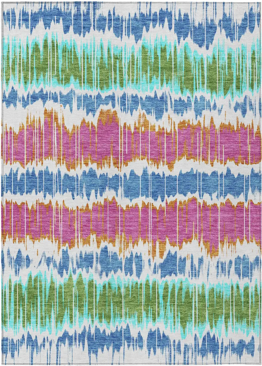 White Blue And Pink Striped Washable Indoor Outdoor Area Rug Photo 1