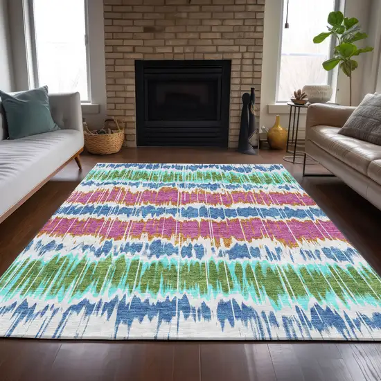 White Blue And Pink Striped Washable Indoor Outdoor Area Rug Photo 8