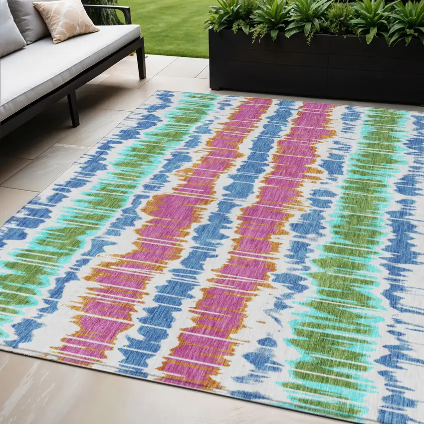 White Blue And Pink Striped Washable Indoor Outdoor Area Rug Photo 1