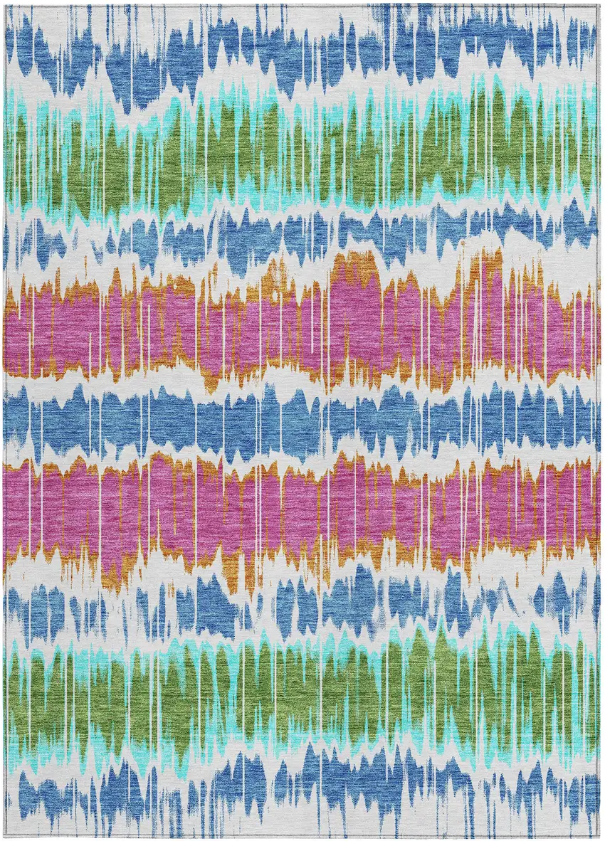 White Blue And Pink Striped Washable Indoor Outdoor Area Rug Photo 6