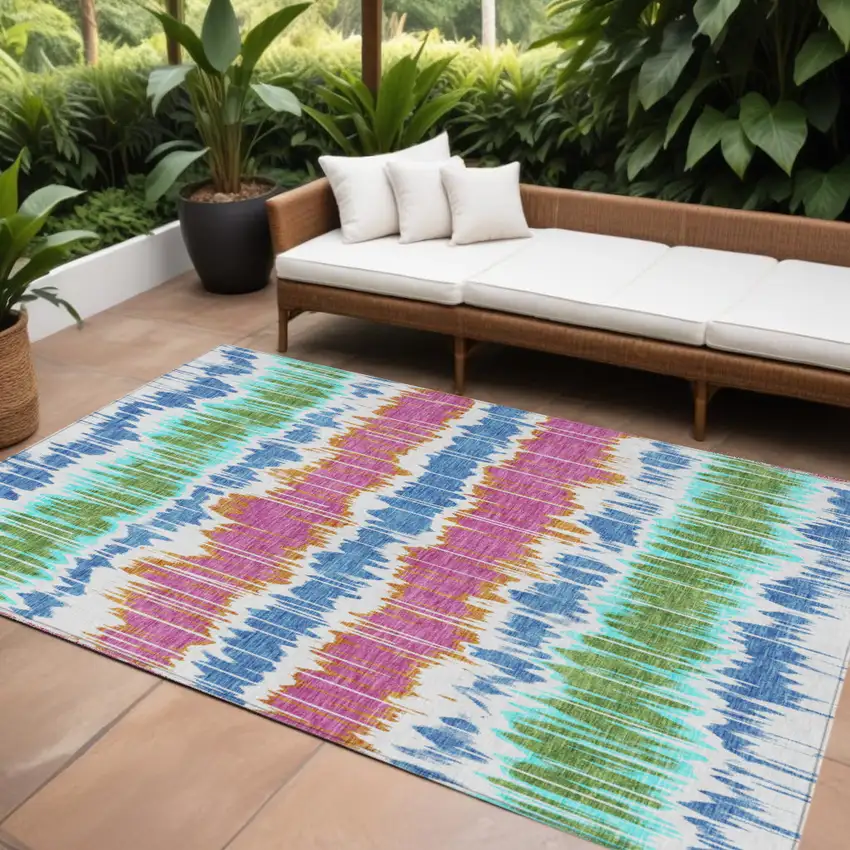 White Blue And Pink Striped Washable Indoor Outdoor Area Rug Photo 1