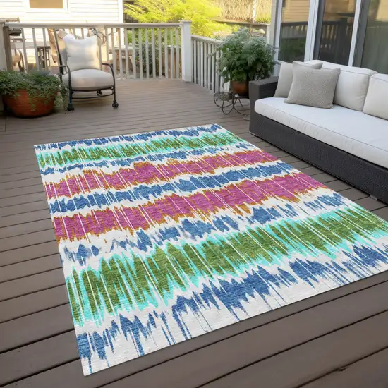 White Blue And Pink Striped Washable Indoor Outdoor Area Rug Photo 9