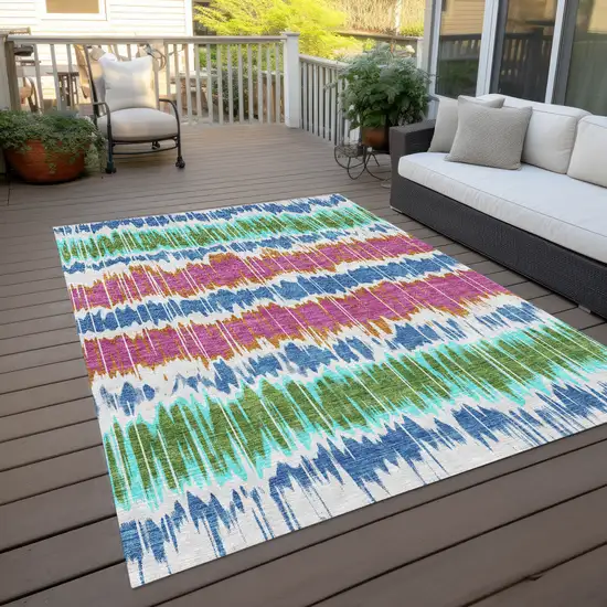 White Blue And Pink Striped Washable Indoor Outdoor Area Rug Photo 9