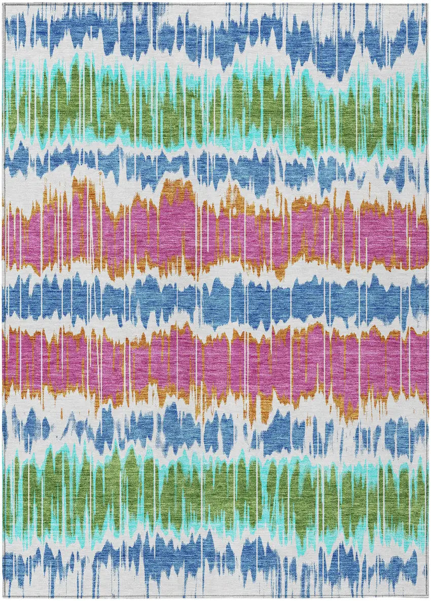 White Blue And Pink Striped Washable Indoor Outdoor Area Rug Photo 1