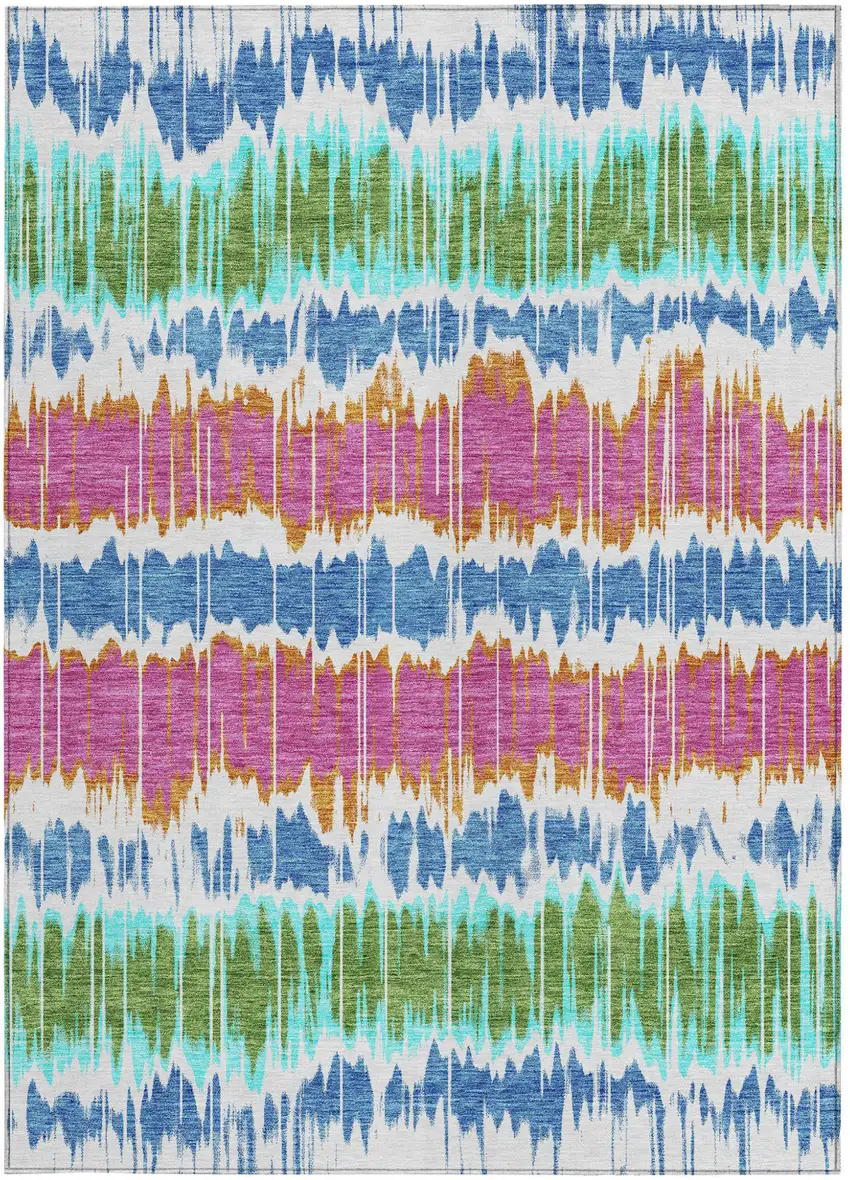White Blue And Pink Striped Washable Indoor Outdoor Area Rug Photo 6