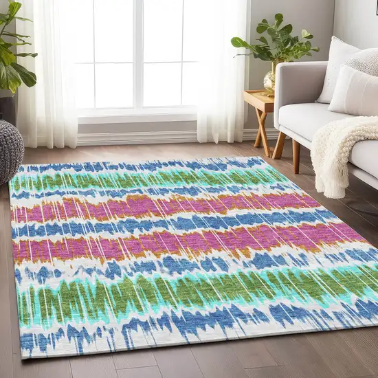 White Blue And Purple Striped Washable Area Rug With UV Protection Photo 5