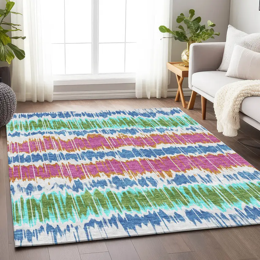 White Blue And Purple Striped Washable Area Rug With UV Protection Photo 5