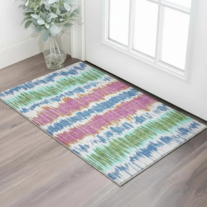 White Blue And Purple Striped Washable Area Rug With UV Protection Photo 2