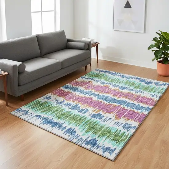 White Blue And Purple Striped Washable Area Rug With UV Protection Photo 2
