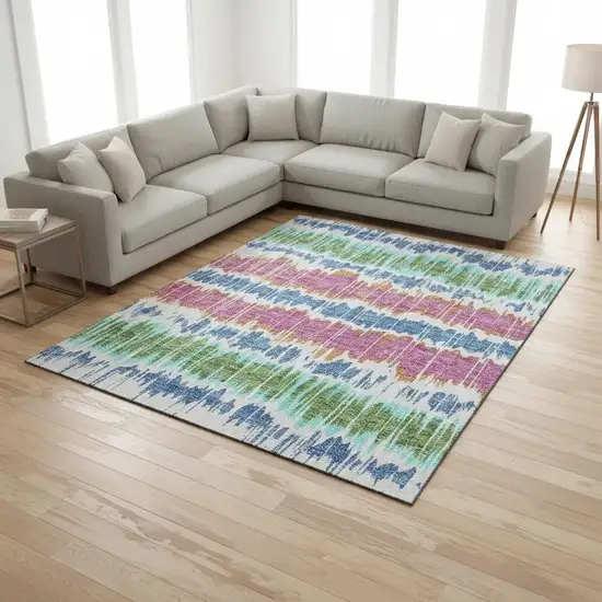 White Blue And Purple Striped Washable Area Rug With UV Protection Photo 2