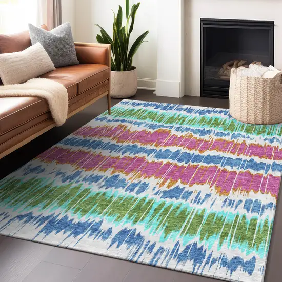 White Blue And Purple Striped Washable Area Rug With UV Protection Photo 6