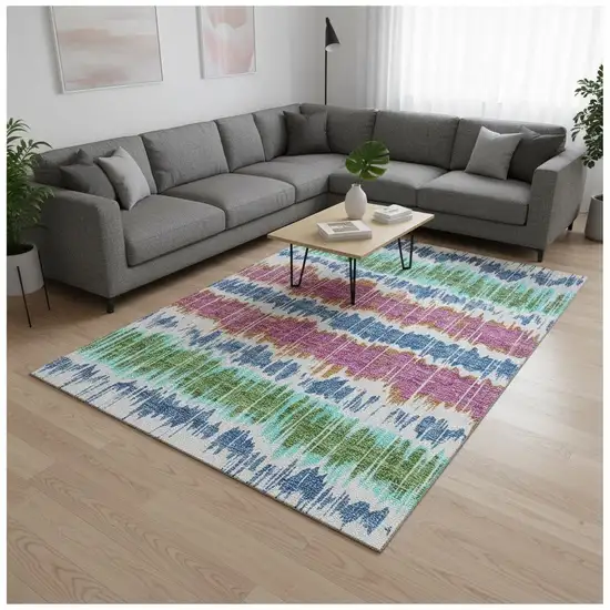 White Blue And Purple Striped Washable Area Rug With UV Protection Photo 2