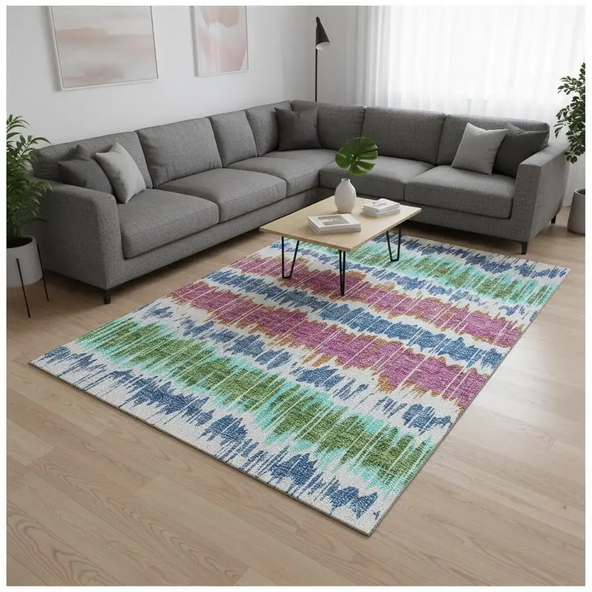 White Blue And Purple Striped Washable Area Rug With UV Protection Photo 2
