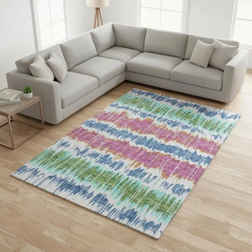 White Blue And Purple Striped Washable Area Rug With UV Protection Photo 2