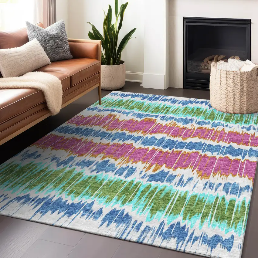 White Blue And Purple Striped Washable Area Rug With UV Protection Photo 6