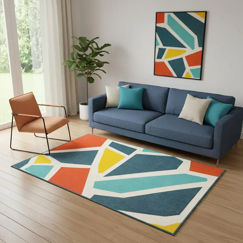 White Blue And Red Abstract Area Rug Photo 1