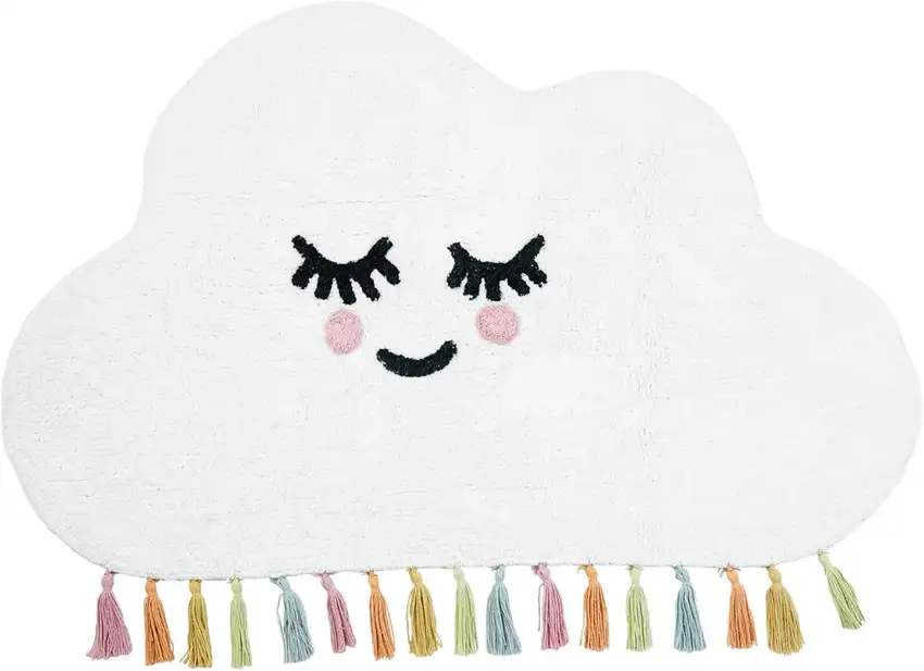White Cloud Shape Smiley Face Washable Area Rug With Tassels Photo 1