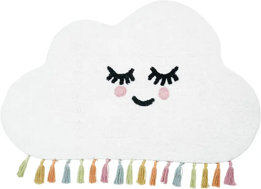 White Cloud Shape Smiley Face Washable Area Rug With Tassels Photo 3