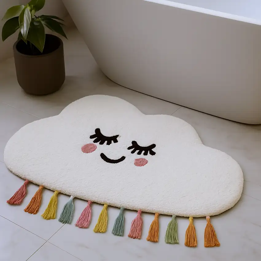 White Cloud Shape Smiley Face Washable Area Rug With Tassels Photo 2