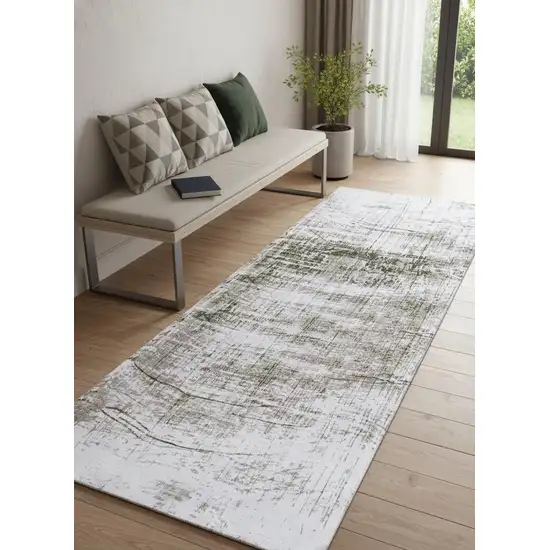 White Gray And Green Abstract Washable Area Rug With UV Protection Photo 1