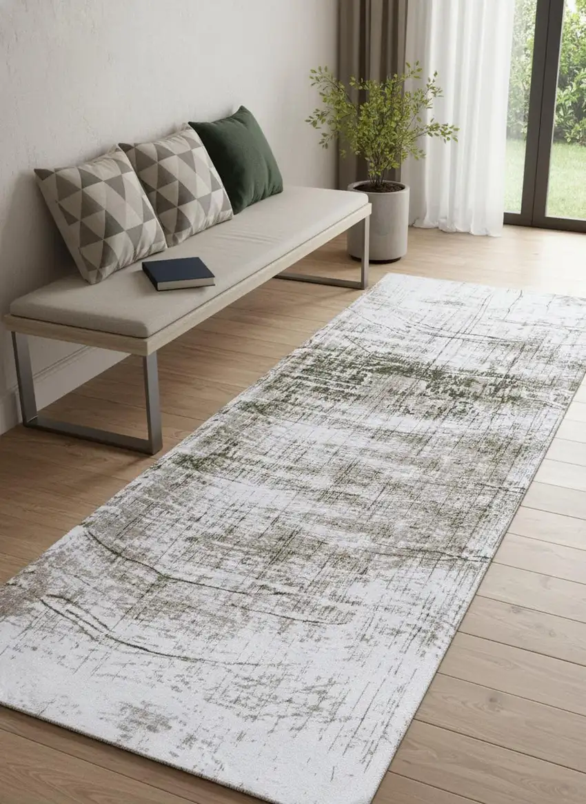 White Gray And Green Abstract Washable Area Rug With UV Protection Photo 1