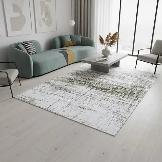 White Gray And Green Abstract Washable Area Rug With UV Protection Photo 1