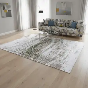 Photo of White Gray And Green Abstract Washable Area Rug With UV Protection