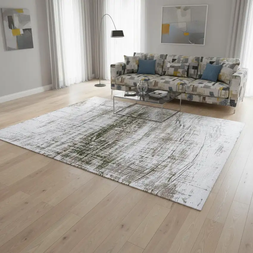 White Gray And Green Abstract Washable Area Rug With UV Protection Photo 1