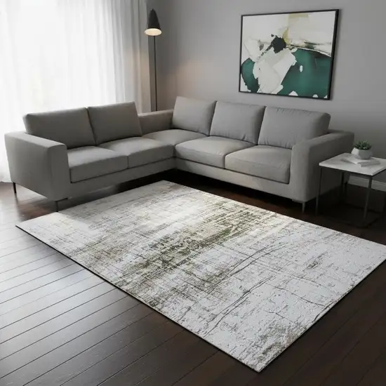 White Gray And Green Abstract Washable Area Rug With UV Protection Photo 1