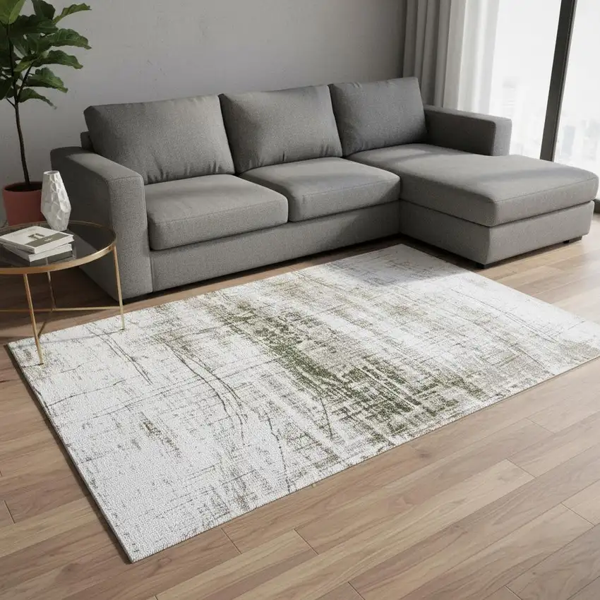 White Gray And Green Abstract Washable Area Rug With UV Protection Photo 1