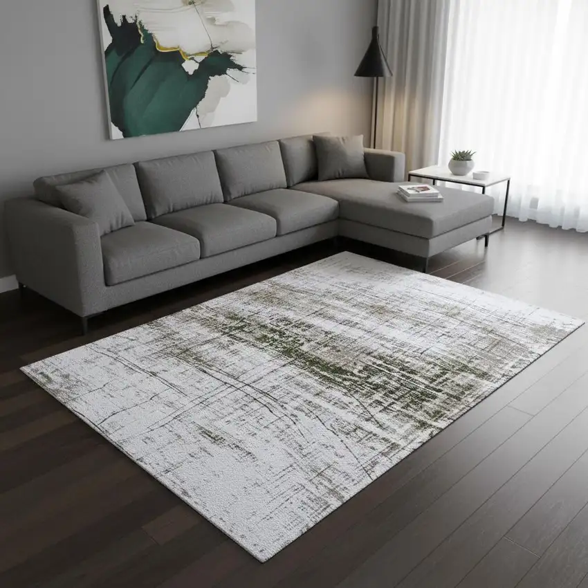 White Gray And Green Abstract Washable Area Rug With UV Protection Photo 1