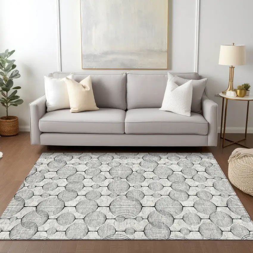 White Gray And Silver Geometric Washable Indoor Outdoor Area Rug Photo 8