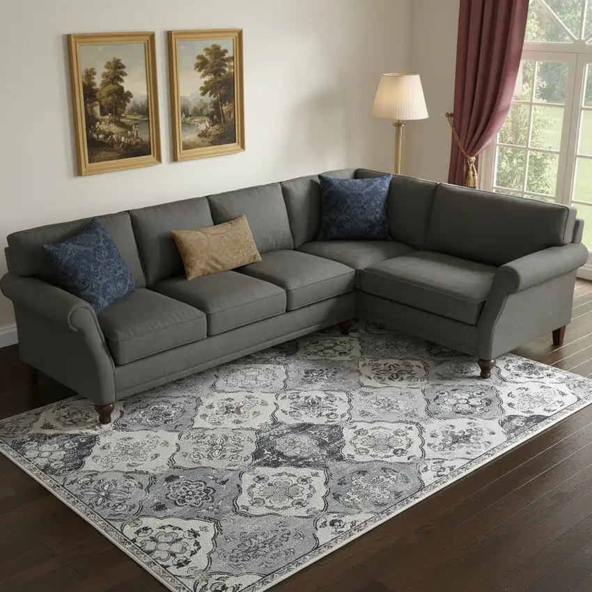 White Gray And Silver Quatrefoil Distressed Area Rug Photo 1