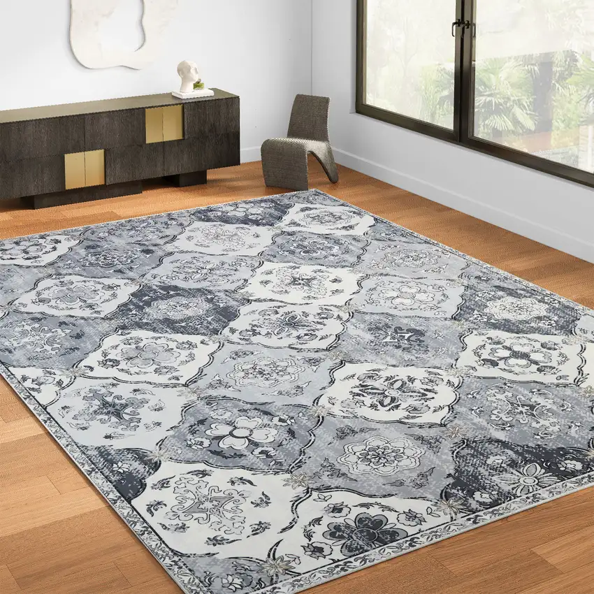 White Gray And Silver Quatrefoil Distressed Area Rug Photo 8