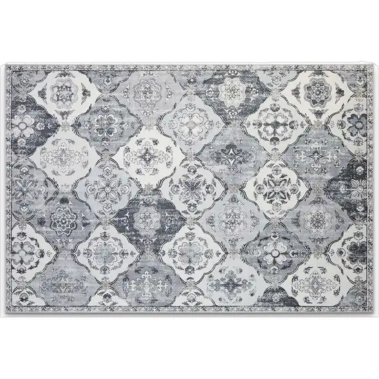 White Gray And Silver Quatrefoil Distressed Area Rug Photo 2