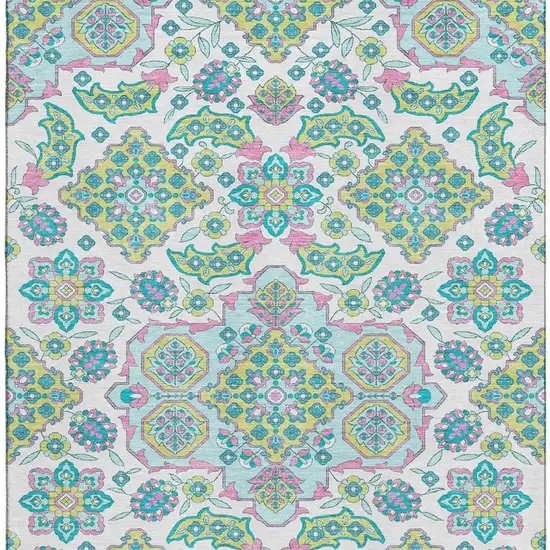 White Green And Pink Floral Medallion Washable Area Rug With UV Protection Photo 3