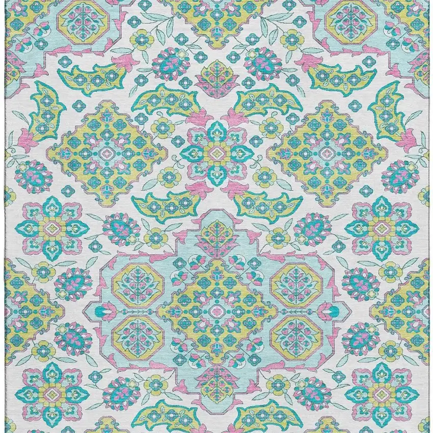 White Green And Pink Floral Medallion Washable Area Rug With UV Protection Photo 3