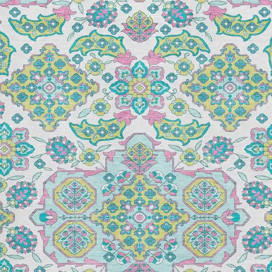 White Green And Pink Floral Medallion Washable Area Rug With UV Protection Photo 2